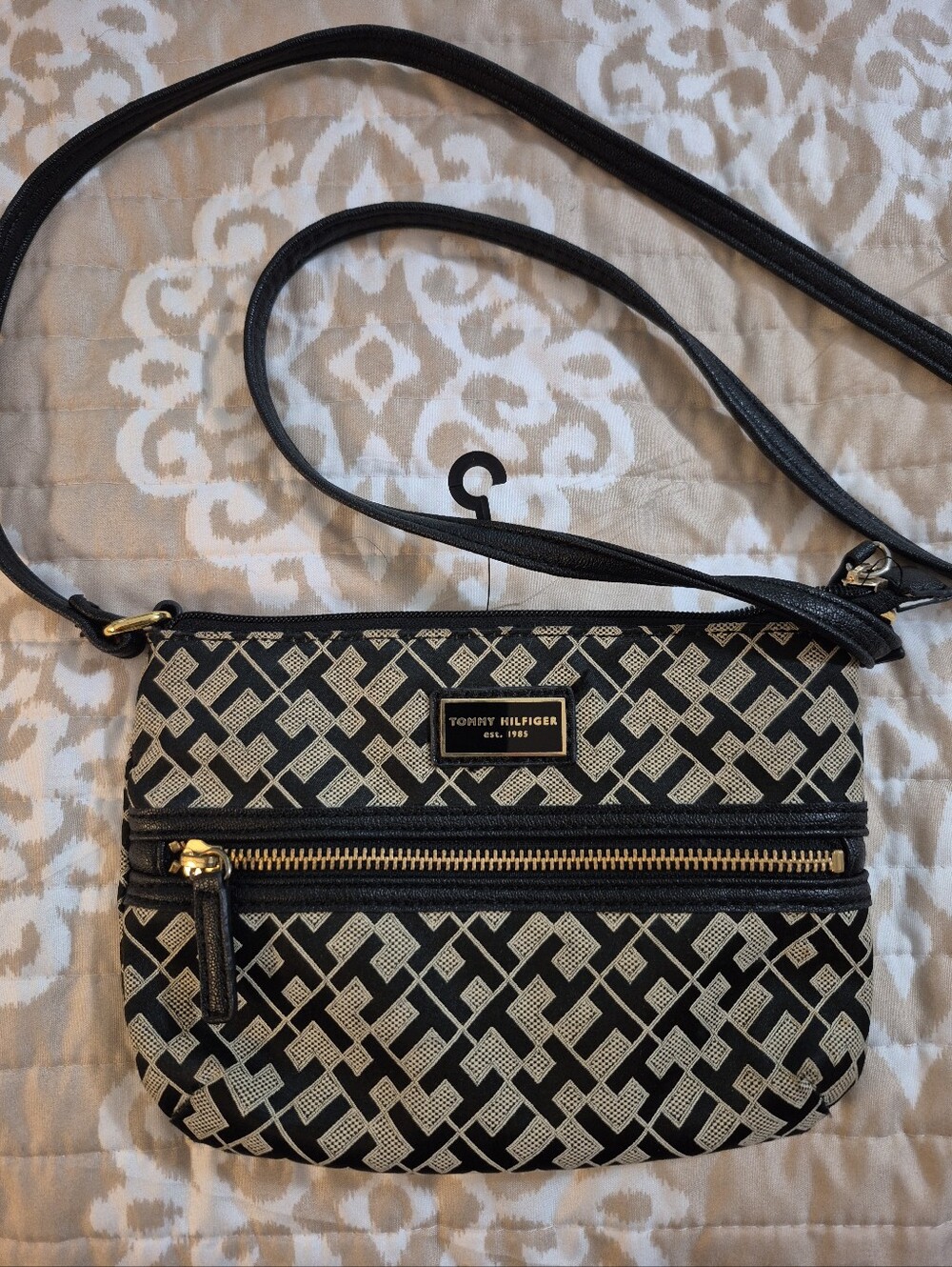 Tommy Hilfiger Black and Cream Patterned Crossbody Bag